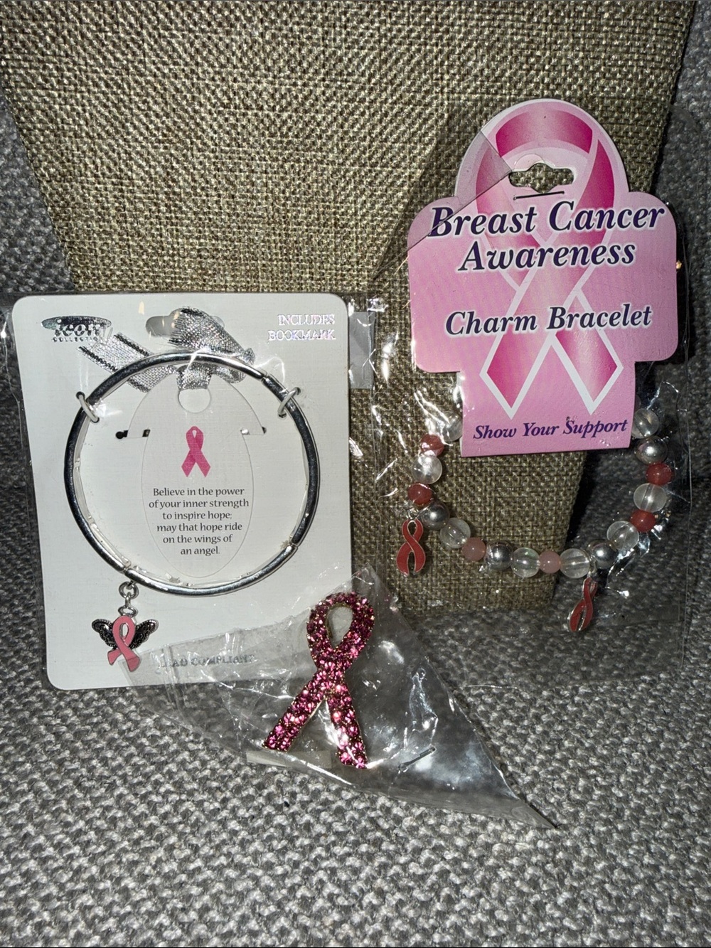 Breast Cancer Awareness Pink Ribbon Charm Bracelet and Pin Set
